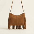 Back panel of Coffee large fringe crossbody bag with strap attachments