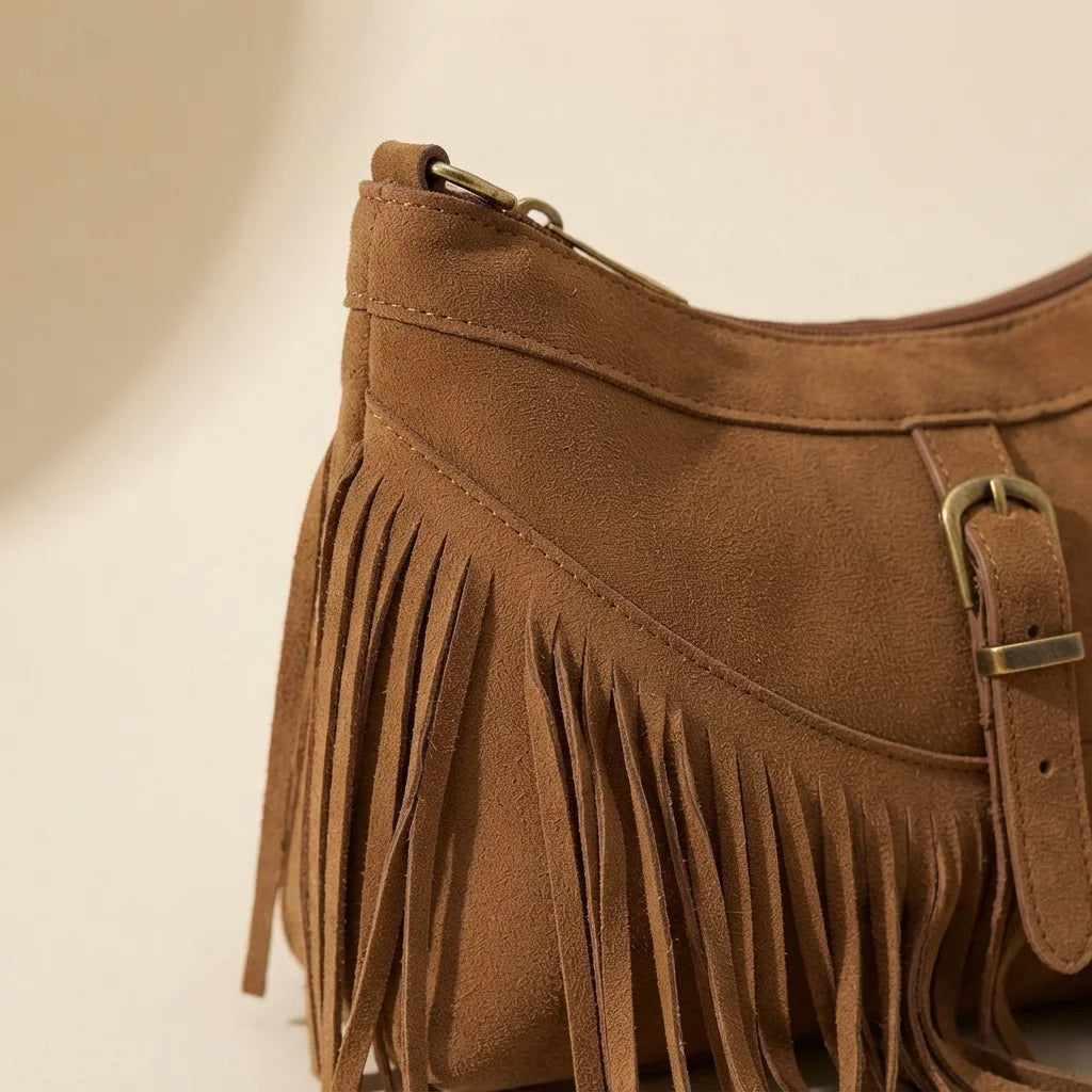 Close-up of fringe stitching and texture on Coffee large fringe crossbody bag