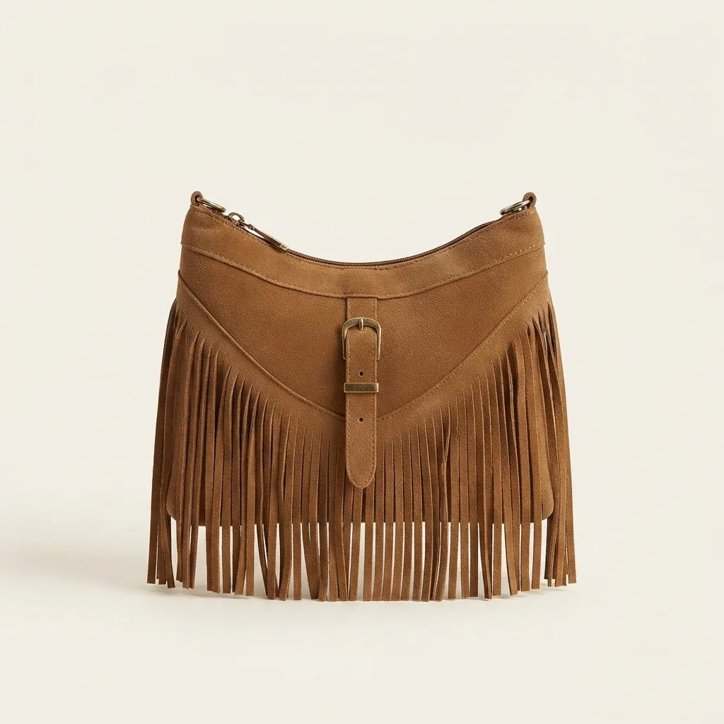 Coffee large fringe crossbody bag, front view