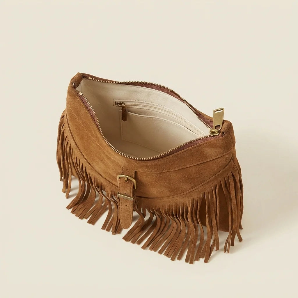 Interior lining and pockets of Coffee large fringe crossbody bag