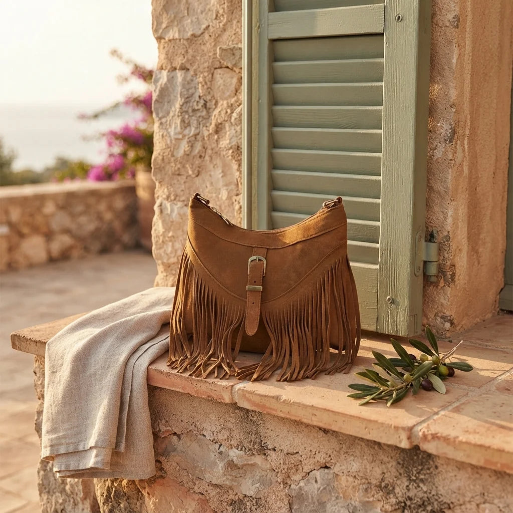 Coffee large fringe crossbody bag styled in a warm Mediterranean setting
