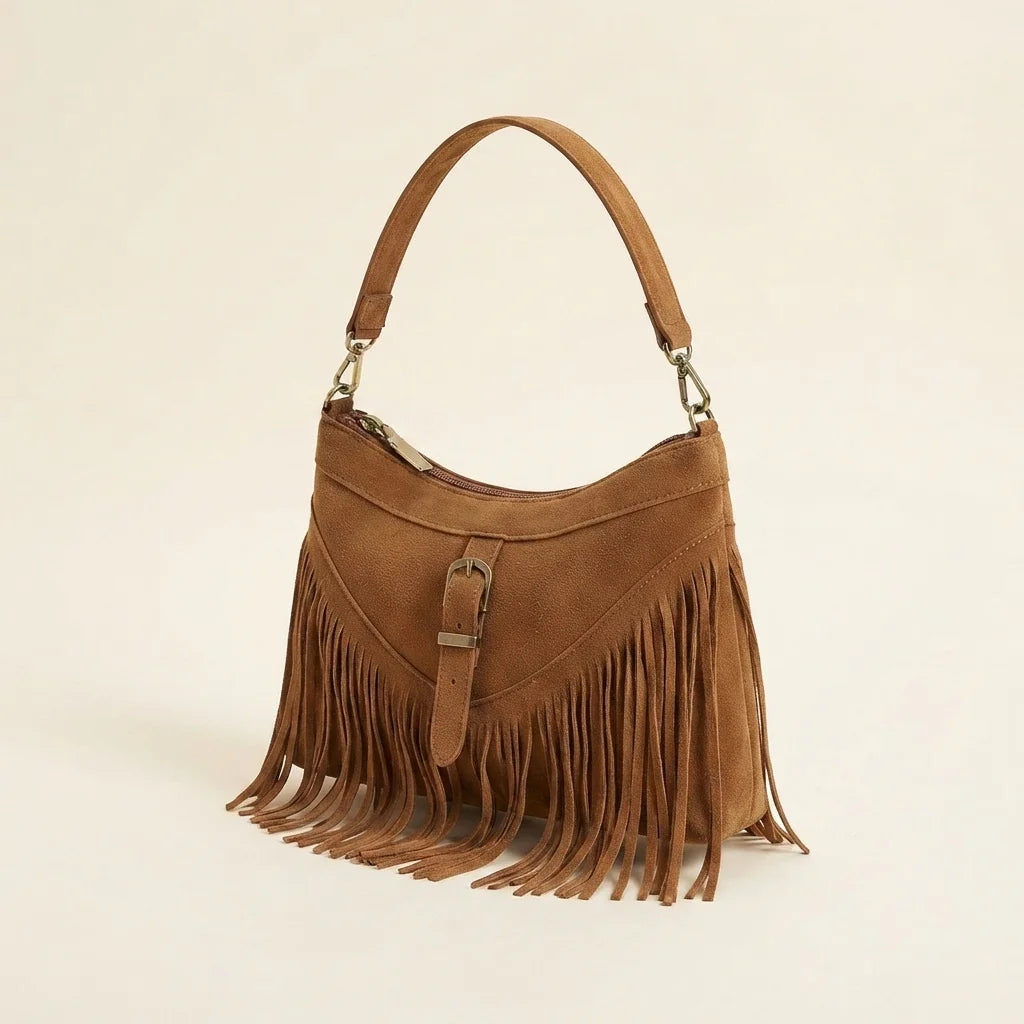 Coffee large fringe crossbody bag, three-quarter angle showing side depth