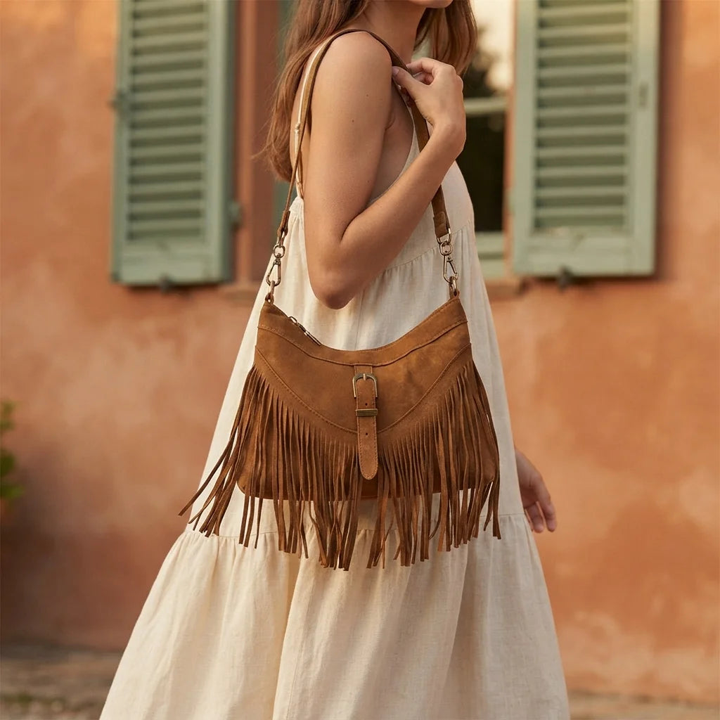 Woman wearing Coffee large fringe crossbody bag with swaying fringe