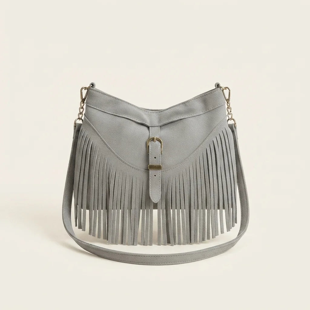 Grey large fringe crossbody bag, front view