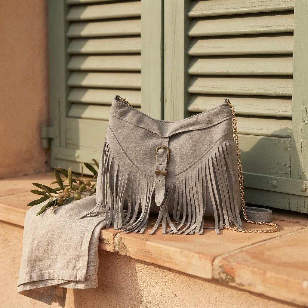 Grey large fringe crossbody bag styled in a warm Mediterranean setting