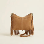 Back panel of Light Brown large fringe crossbody bag with strap attachments