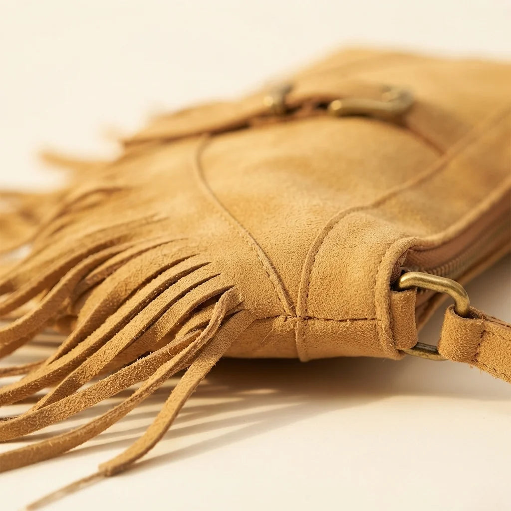 Close-up of fringe stitching and texture on Light Brown large fringe crossbody bag