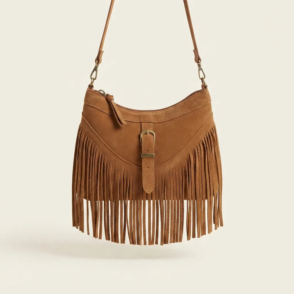Light Brown large fringe crossbody bag, front view