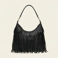 Black large fringe faux leather hobo bag, front view