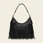 Black large fringe faux leather hobo bag, front view