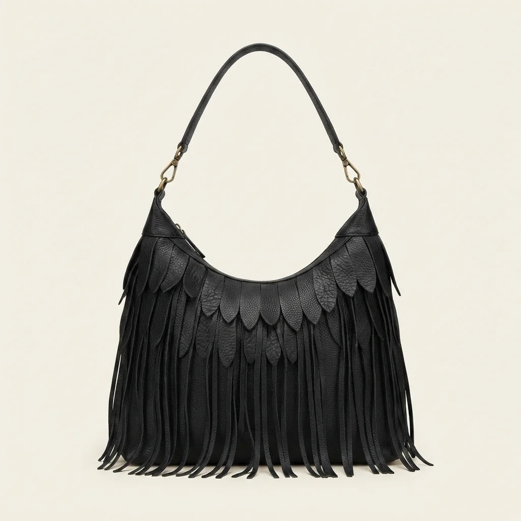 Black large fringe faux leather hobo bag, front view