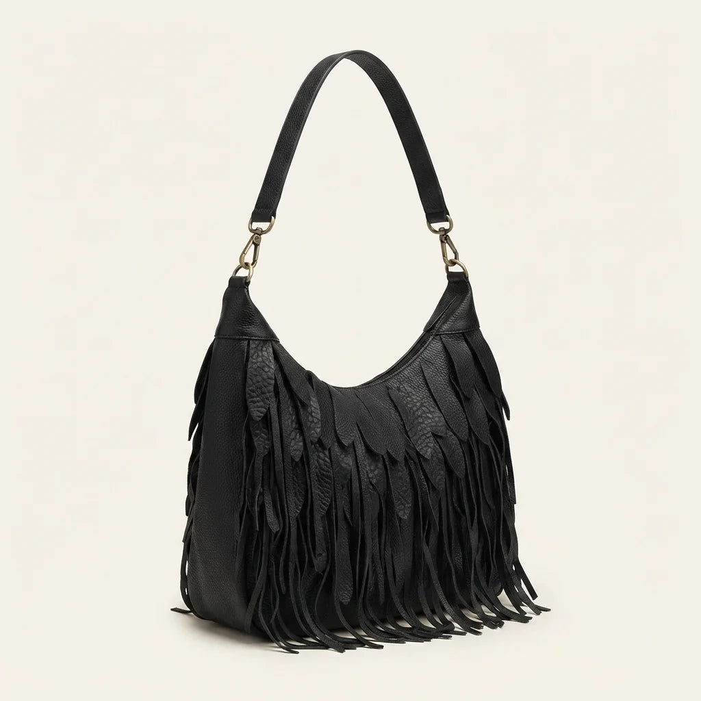 Black large fringe faux leather hobo bag, three-quarter angle showing side depth