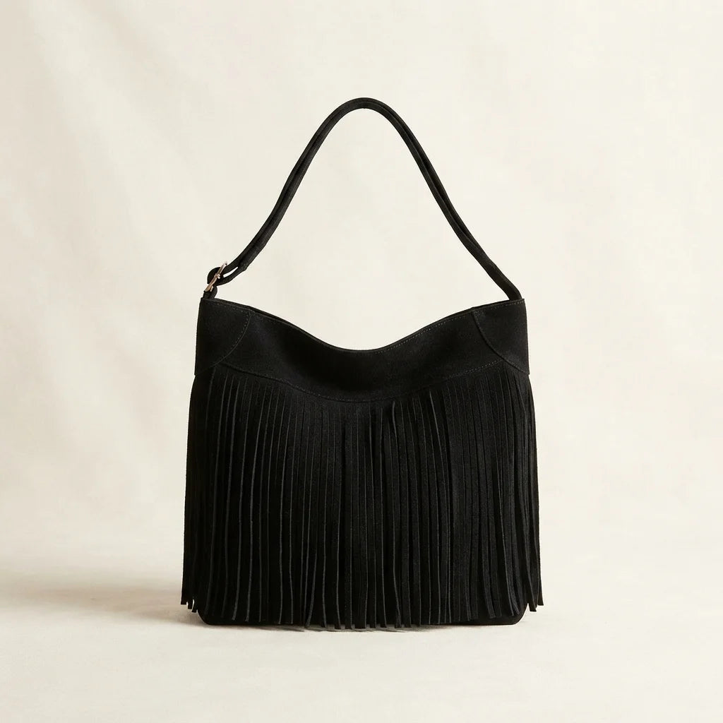 Black large fringe hobo bag, front view