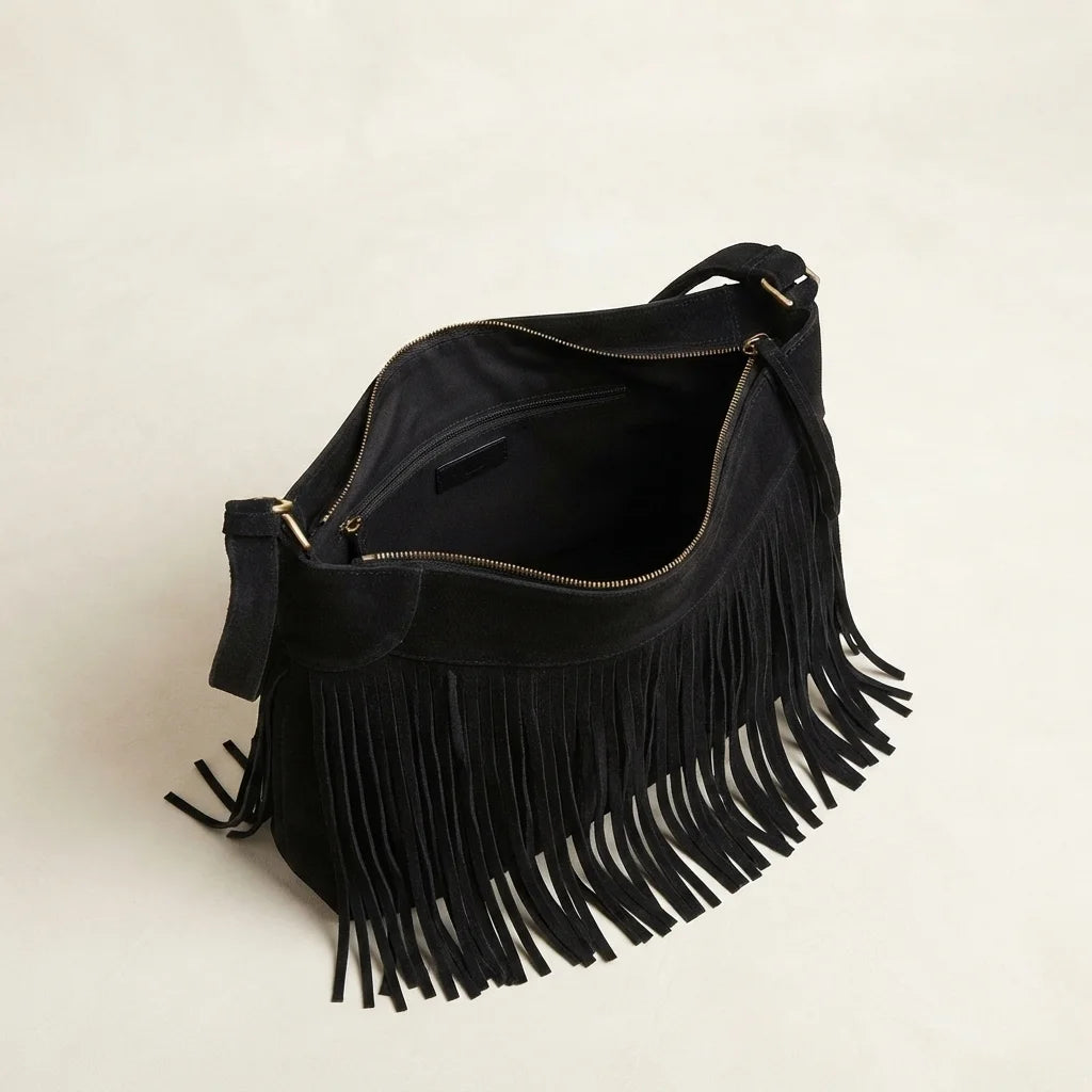 Interior lining and pockets of Black large fringe hobo bag