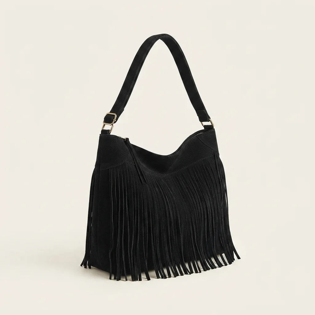Black large fringe hobo bag, three-quarter angle showing side depth