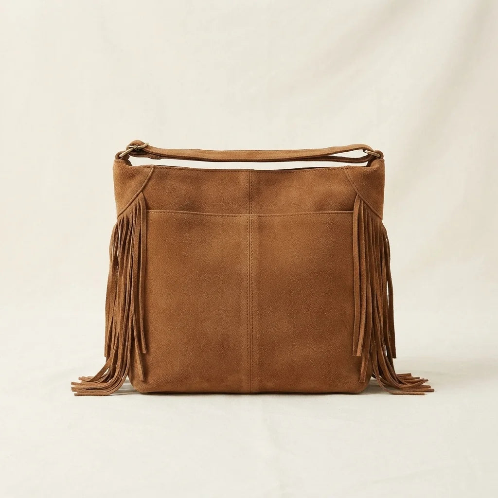 Back panel of Brown large fringe hobo bag with strap attachments