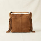 Back panel of Brown large fringe hobo bag with strap attachments