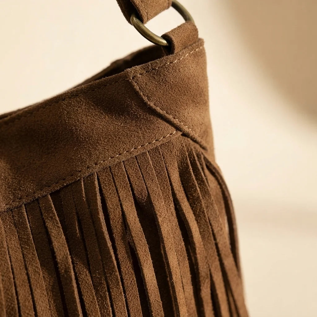 Close-up of fringe stitching and texture on Brown large fringe hobo bag