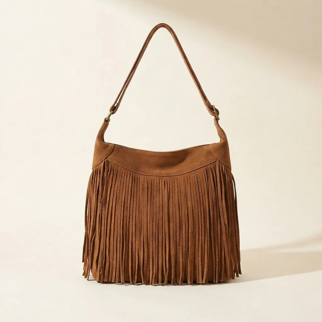 Brown large fringe hobo bag, front view