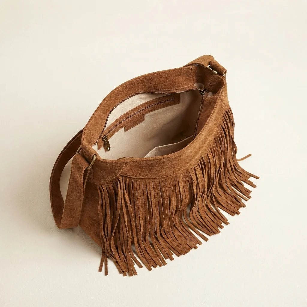 Interior lining and pockets of Brown large fringe hobo bag