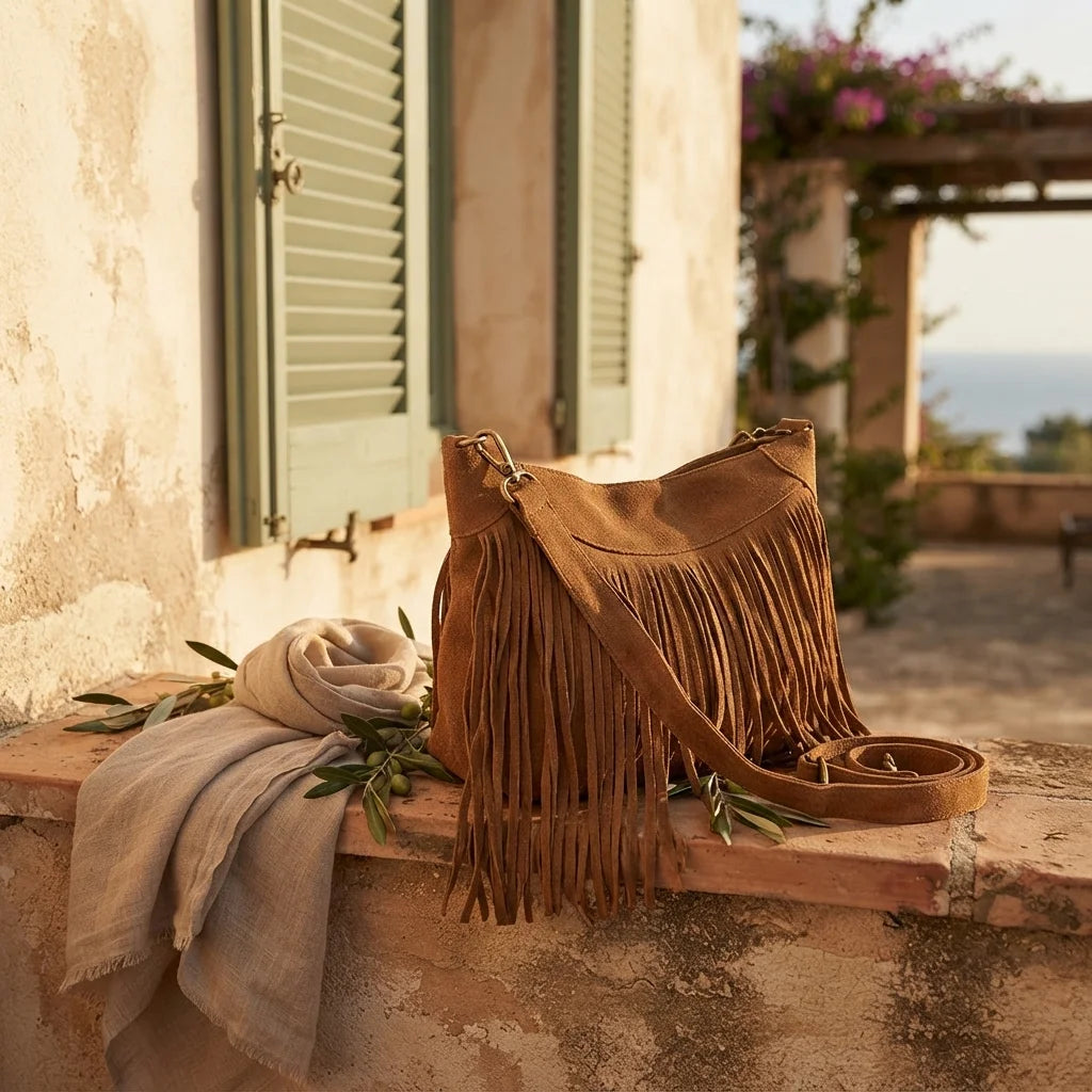 Brown large fringe hobo bag styled in a warm Mediterranean setting