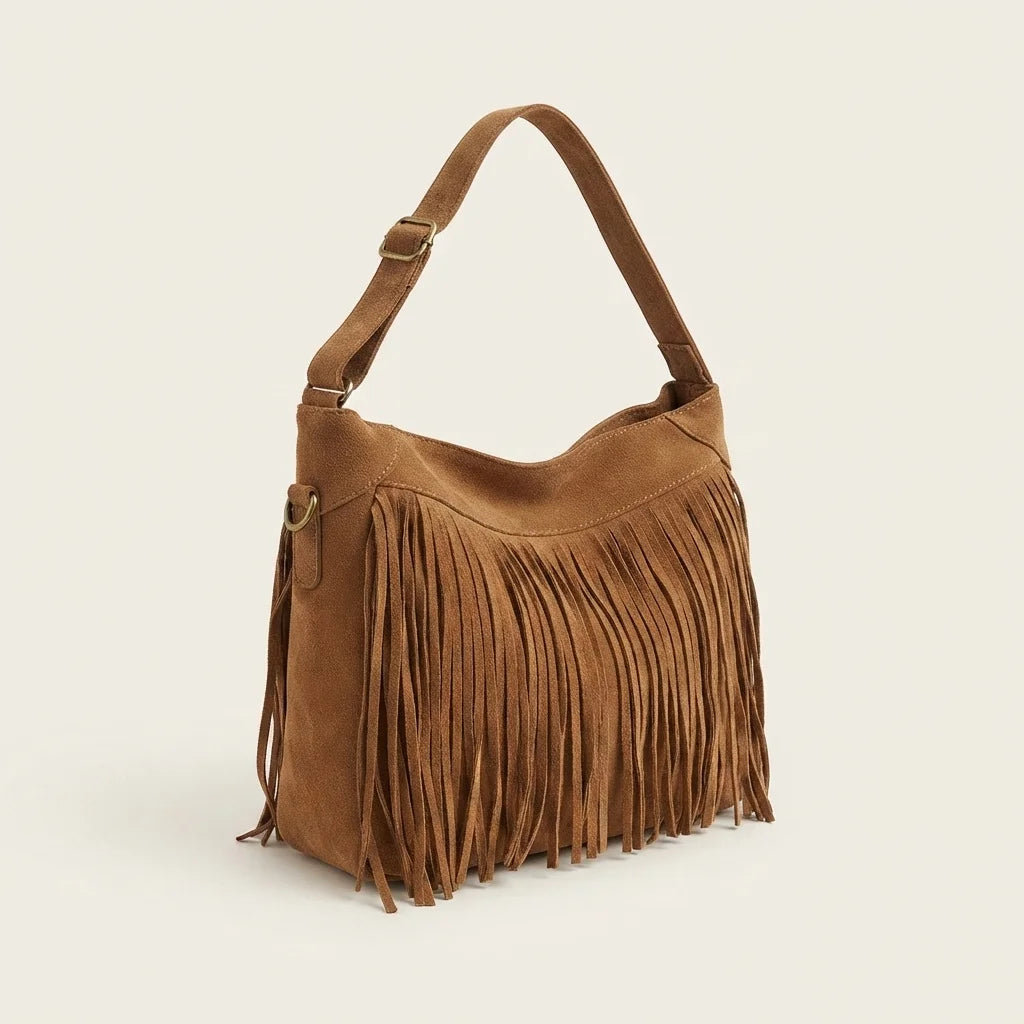 Brown large fringe hobo bag, three-quarter angle showing side depth