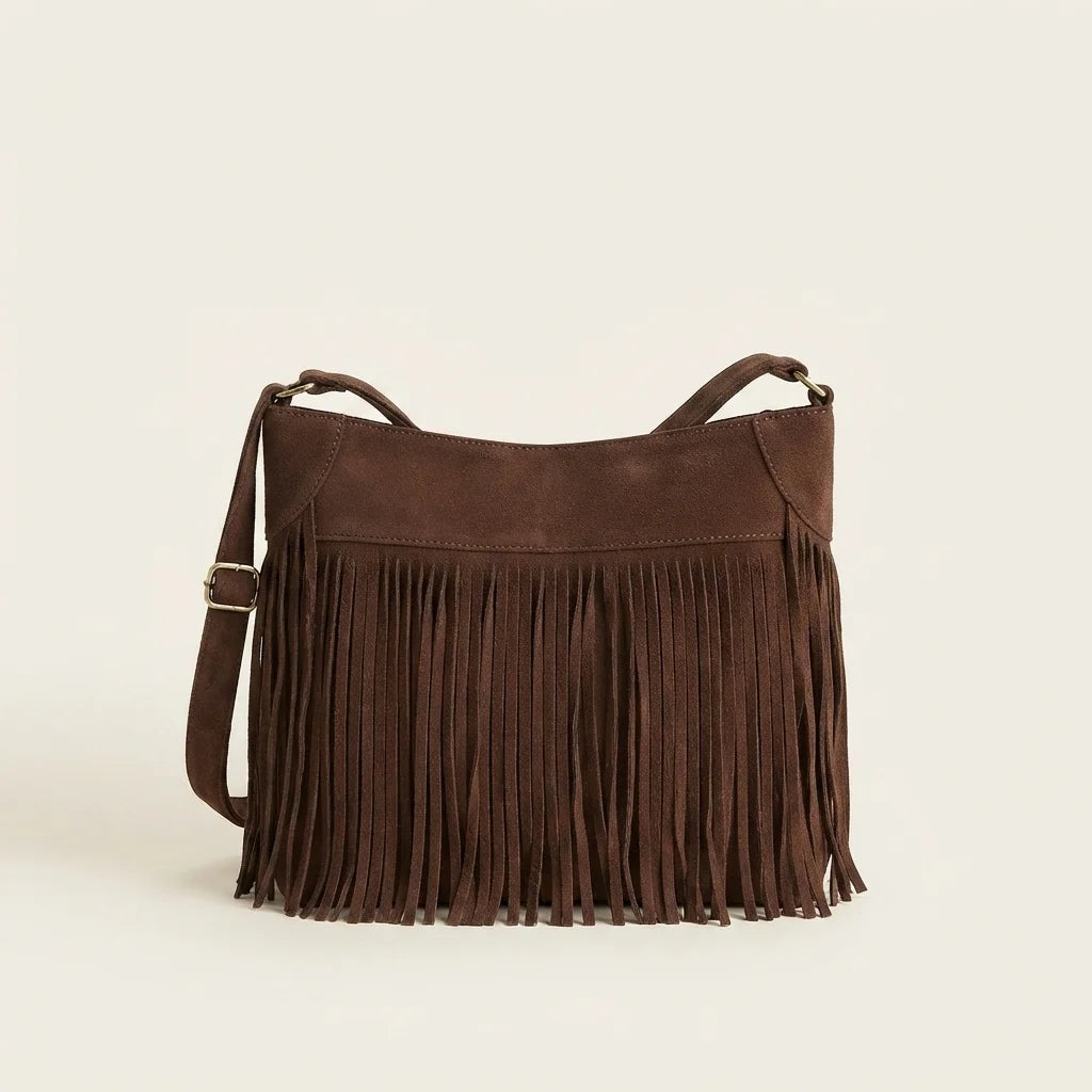 Back panel of Coffee large fringe hobo bag with strap attachments