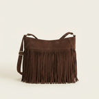 Back panel of Coffee large fringe hobo bag with strap attachments