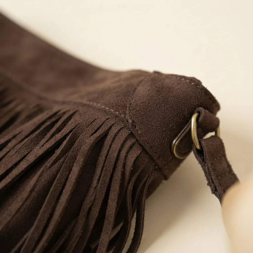Close-up of fringe stitching and texture on Coffee large fringe hobo bag