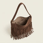 Interior lining and pockets of Coffee large fringe hobo bag