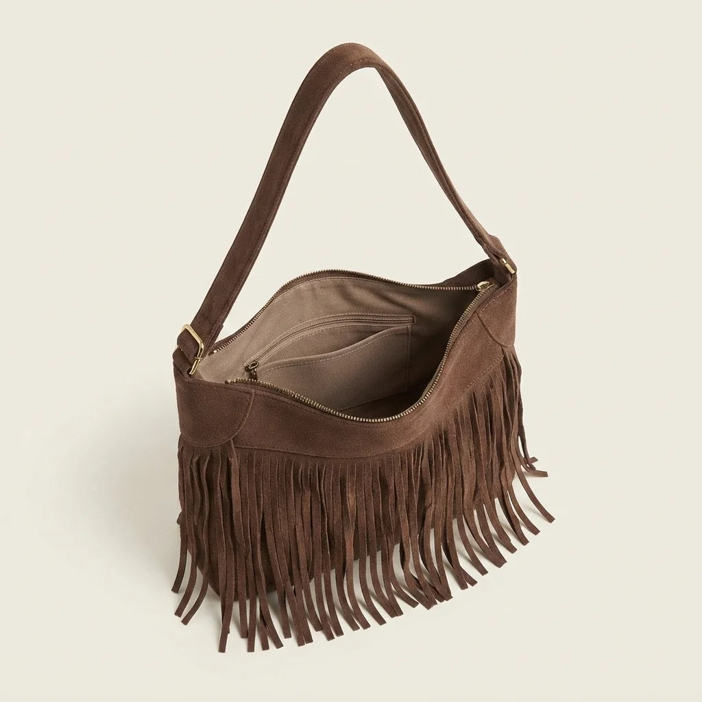 Interior lining and pockets of Coffee large fringe hobo bag