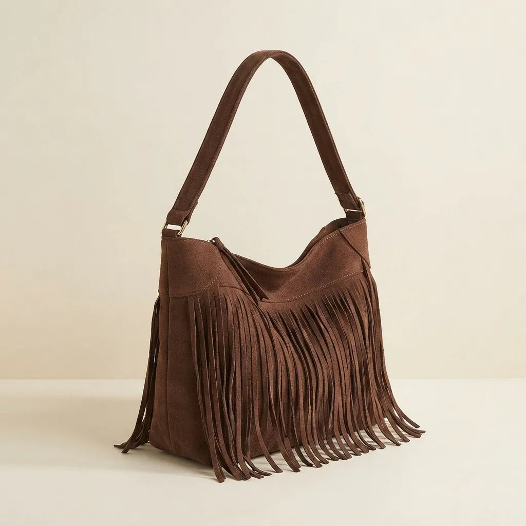 Coffee large fringe hobo bag, three-quarter angle showing side depth