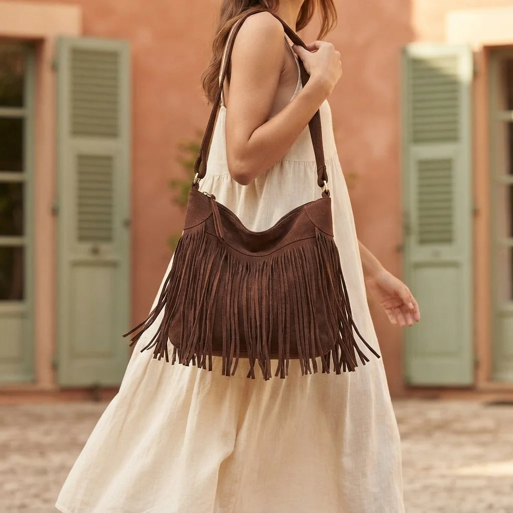 Woman wearing Coffee large fringe hobo bag with swaying fringe