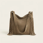 Back panel of Khaki large fringe hobo bag with strap attachments