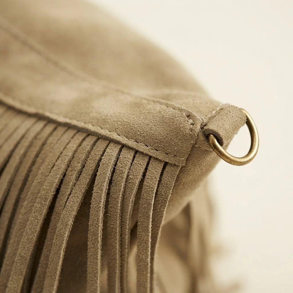 Close-up of fringe stitching and texture on Khaki large fringe hobo bag