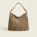 Khaki large fringe hobo bag, front view