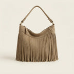 Khaki large fringe hobo bag, front view