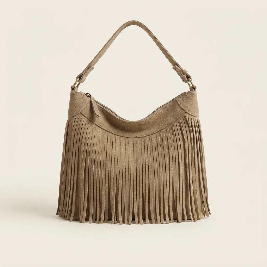 Khaki large fringe hobo bag, front view