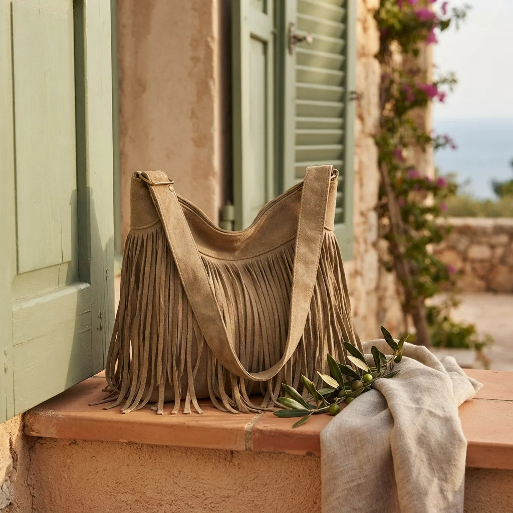 Khaki large fringe hobo bag styled in a warm Mediterranean setting