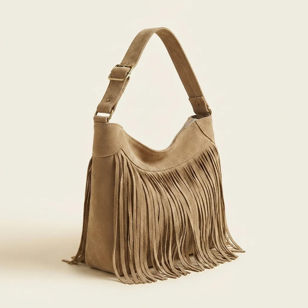 Khaki large fringe hobo bag, three-quarter angle showing side depth