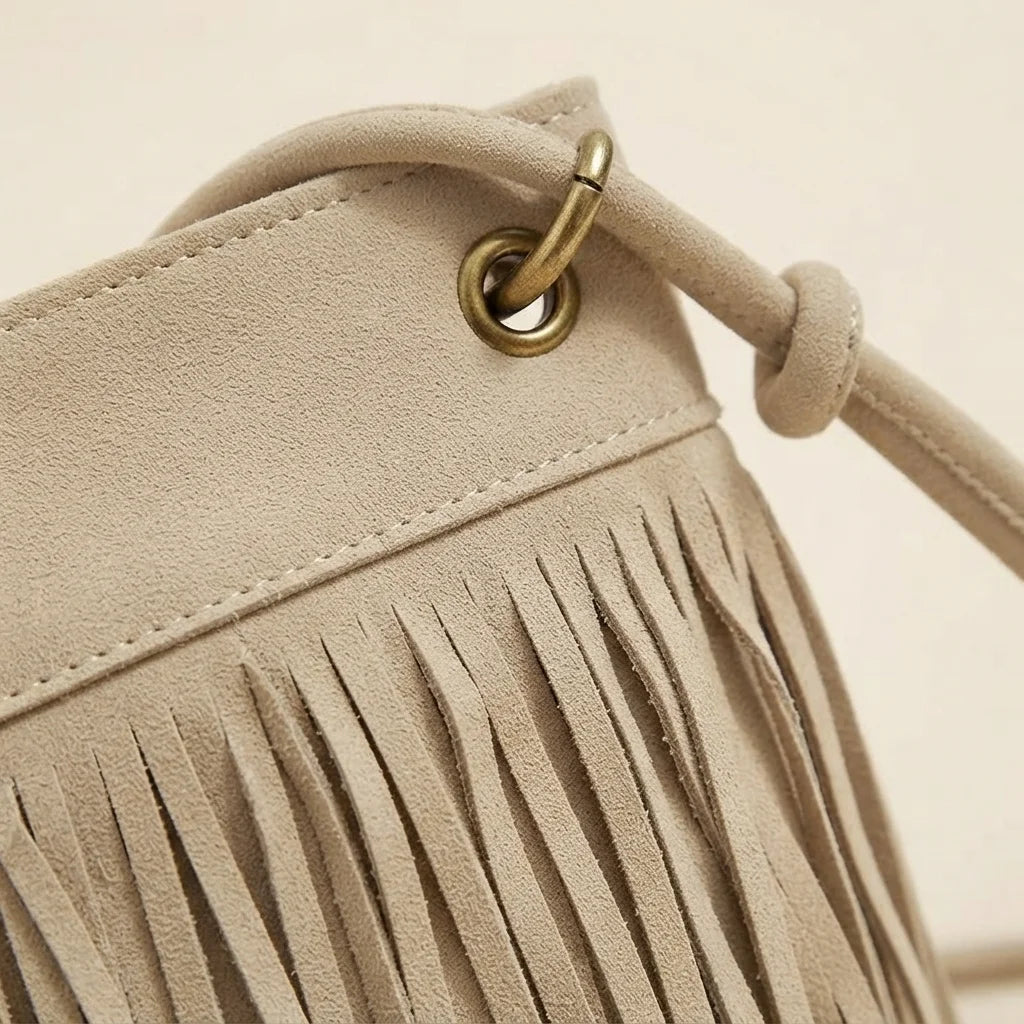 Close-up of fringe stitching and texture on Beige large fringe shoulder bags