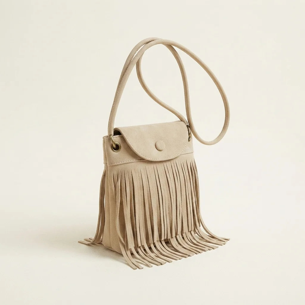 Beige large fringe shoulder bags, three-quarter angle showing side depth