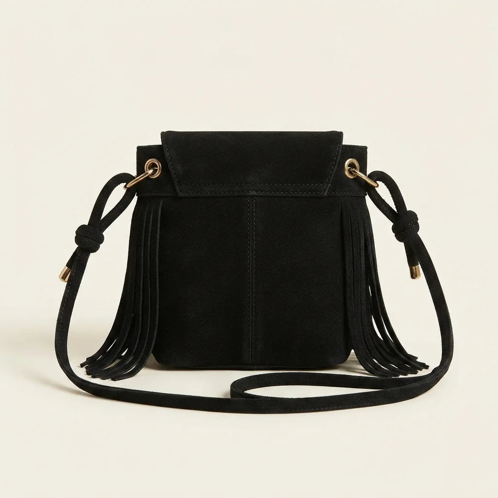 Back panel of Black large fringe shoulder bags with strap attachments