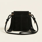 Back panel of Black large fringe shoulder bags with strap attachments