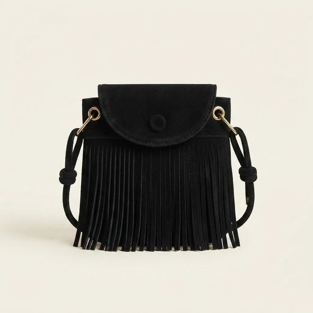 Black large fringe shoulder bags, front view