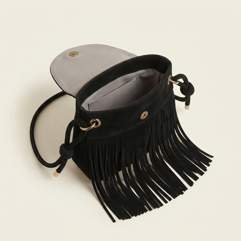 Interior lining and pockets of Black large fringe shoulder bags