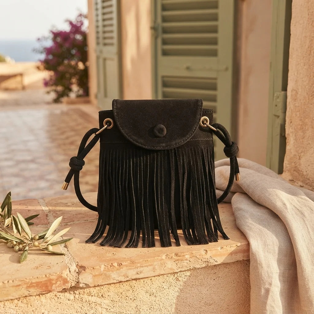 Black large fringe shoulder bags styled in a warm Mediterranean setting