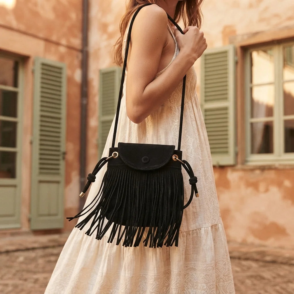 Woman wearing Black large fringe shoulder bags with swaying fringe
