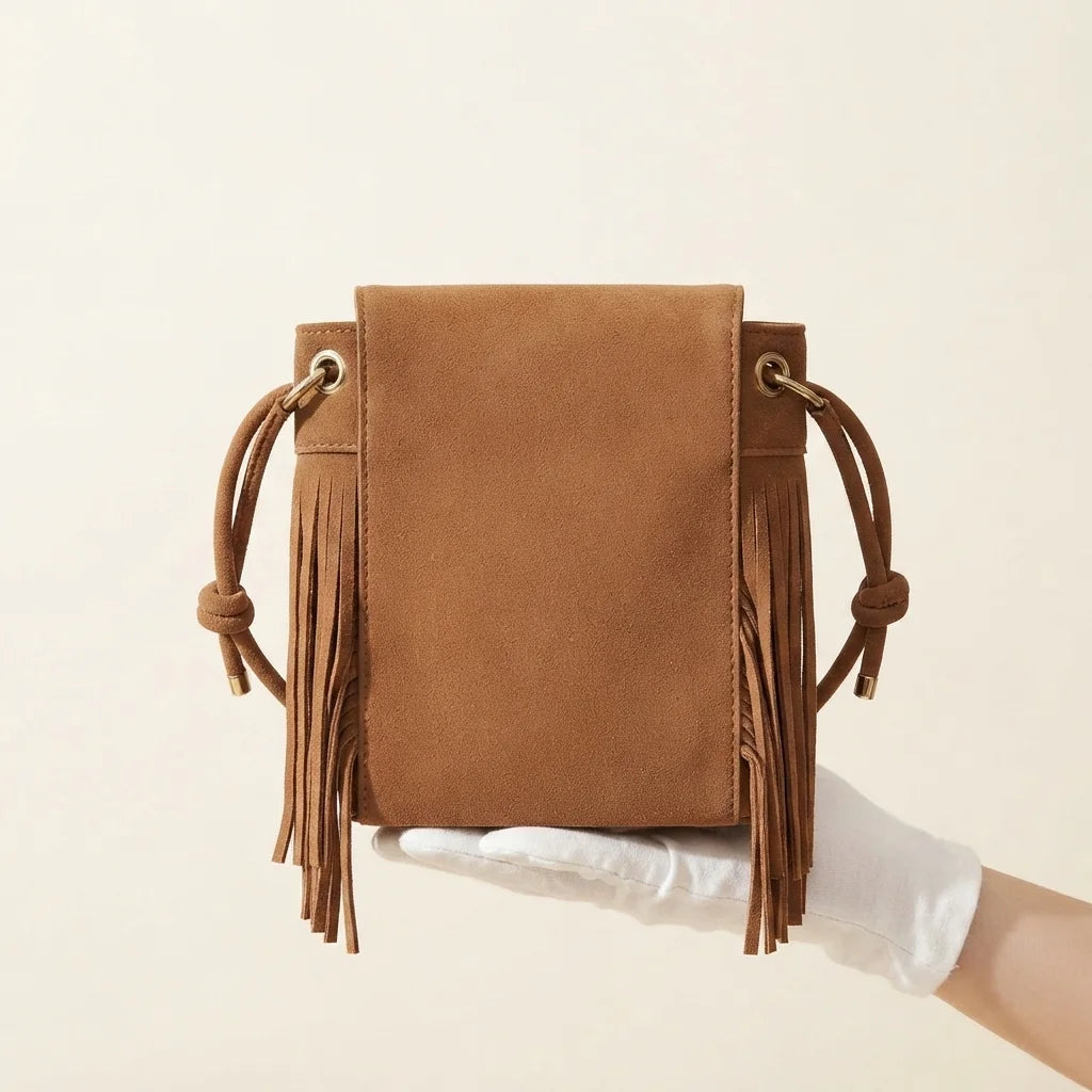Back panel of Brown large fringe shoulder bags with strap attachments