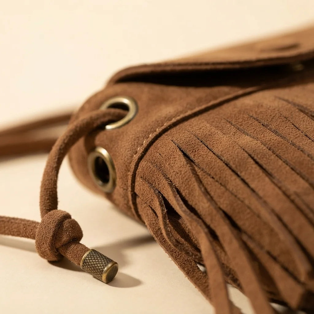 Close-up of fringe stitching and texture on Brown large fringe shoulder bags